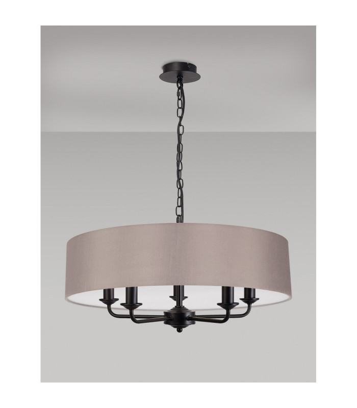 Banyan 5 Light Multi Arm Pendant With 60cm x 15cm Faux Silk Fabric Shade Matt Black/Grey-11
