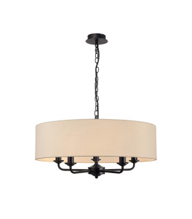 Banyan 5 Light Multi Arm Pendant With 60cm x 15cm Faux Silk Fabric Shade Matt Black/Ivory Pearl-1