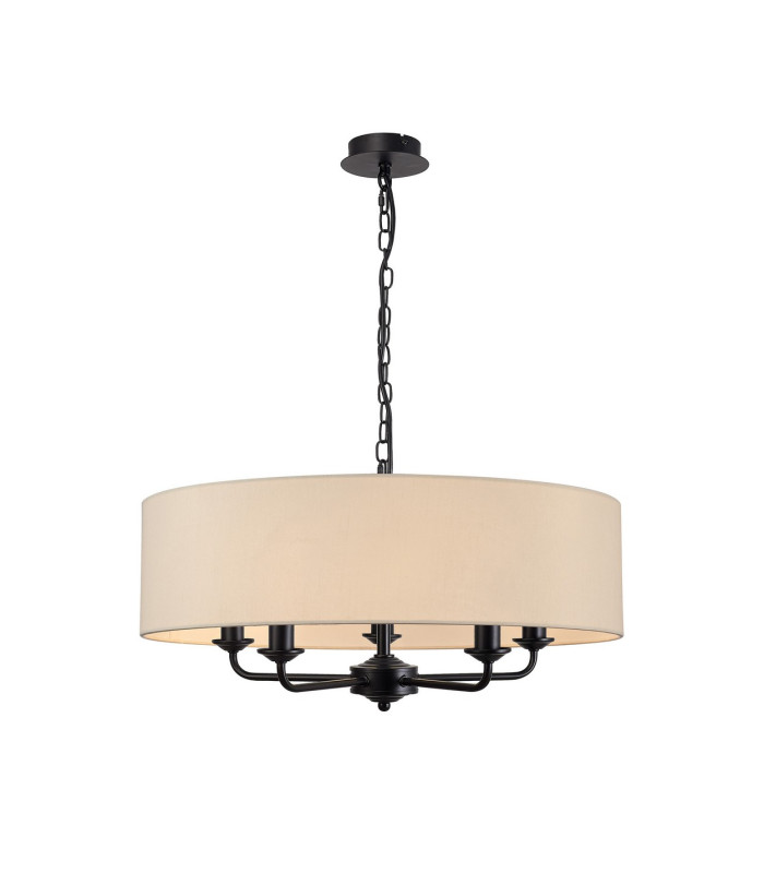 Banyan 5 Light Multi Arm Pendant With 60cm x 15cm Faux Silk Fabric Shade Matt Black/Ivory Pearl-1