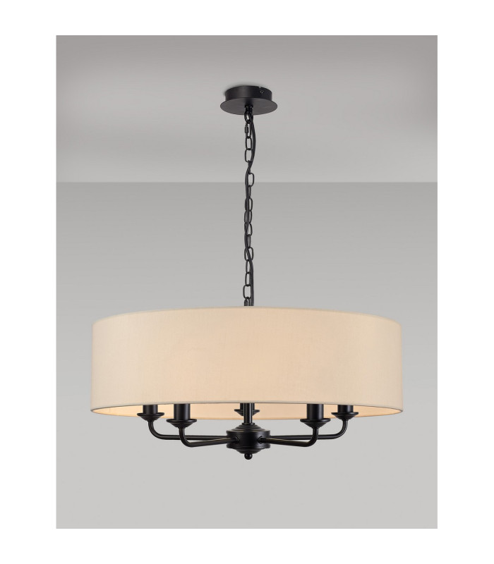 Banyan 5 Light Multi Arm Pendant With 60cm x 15cm Faux Silk Fabric Shade Matt Black/Ivory Pearl-2