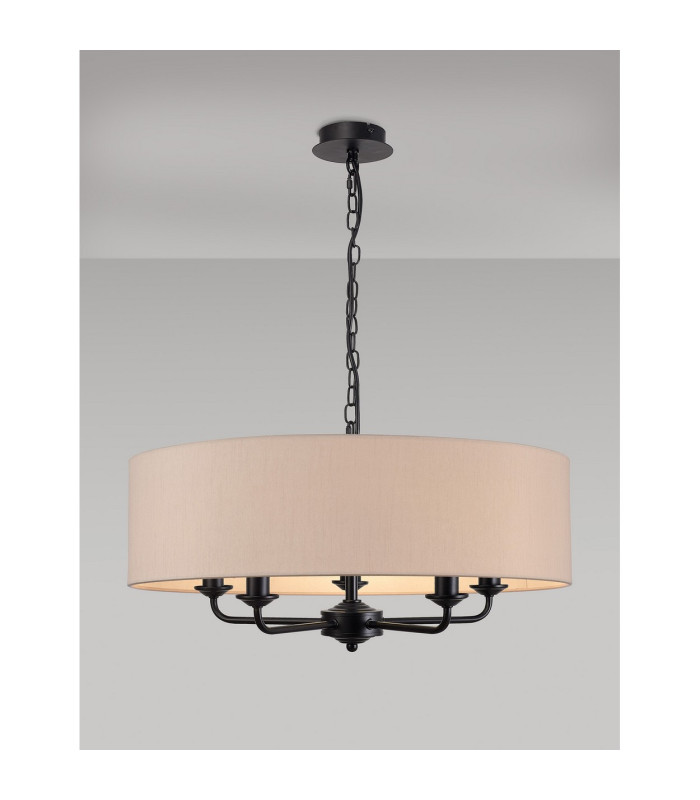 Banyan 5 Light Multi Arm Pendant With 60cm x 15cm Dual Faux Silk Fabric Shade Matt Black/Nude Beige-2