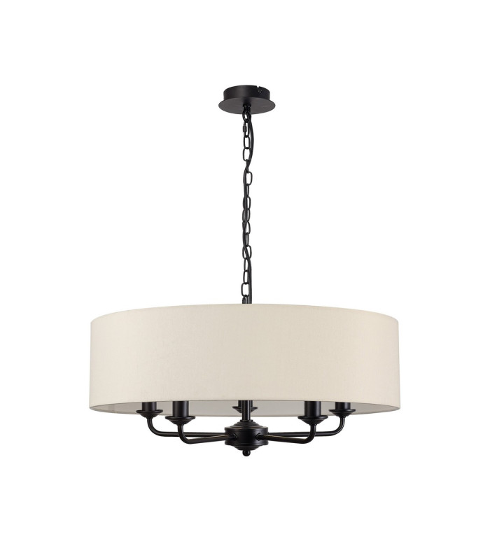 Banyan 5 Light Multi Arm Pendant With 60cm x 15cm Faux Silk Fabric Shade Matt Black/Ivory Pearl-4