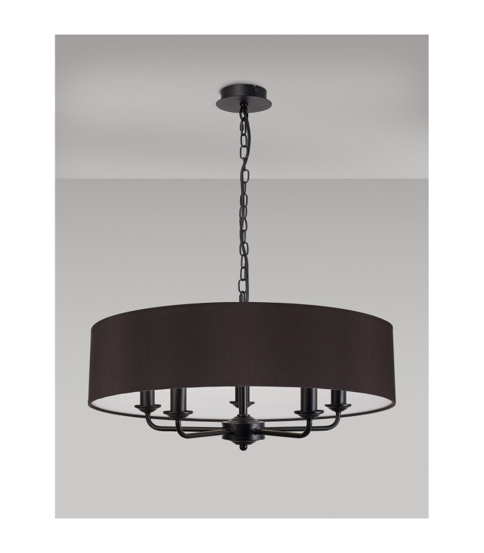 Banyan 5 Light Multi Arm Pendant With 60cm x 15cm Faux Silk Fabric Shade Matt Black/Black-11