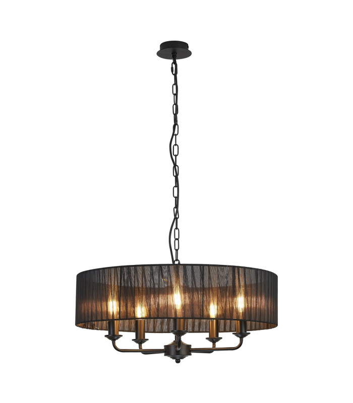 Banyan 5 Light Multi Arm Pendant With 60cm x 15cm Organza Shade Matt Black/Black-1