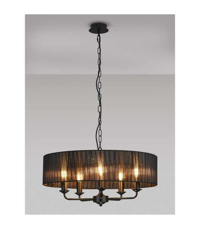 Banyan 5 Light Multi Arm Pendant With 60cm x 15cm Organza Shade Matt Black/Black-2