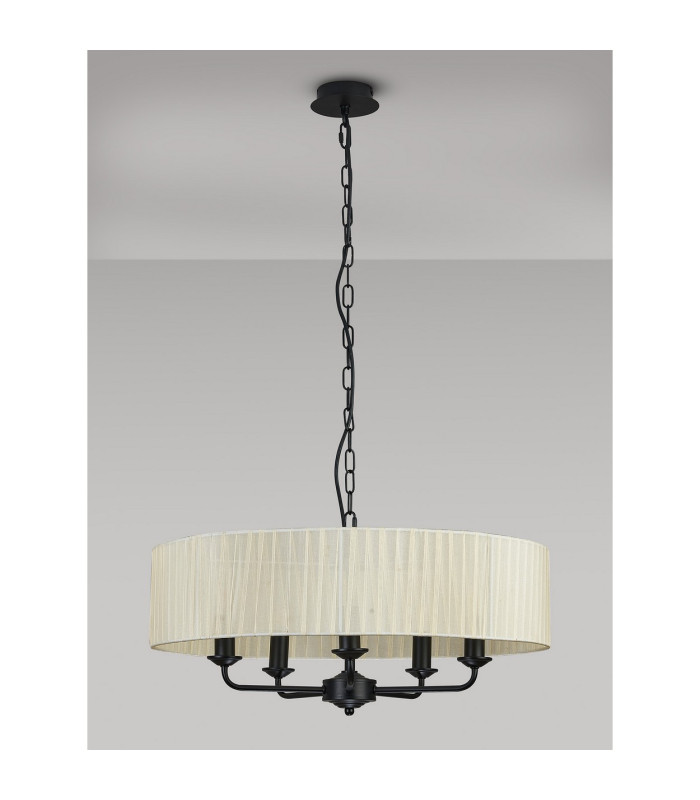 Banyan 5 Light Multi Arm Pendant With 60cm x 15cm Organza Shade Matt Black/Cream-14