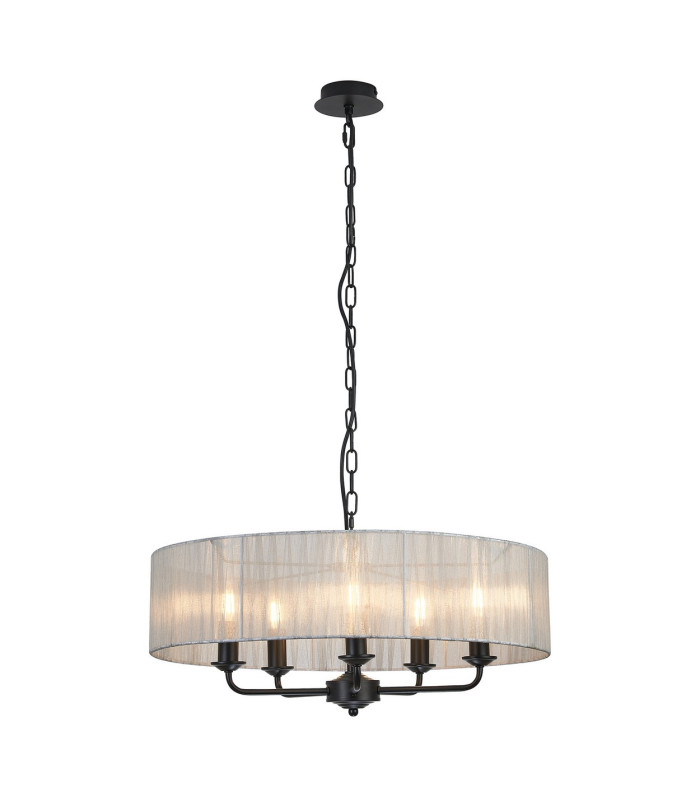 Banyan 5 Light Multi Arm Pendant With 60cm x 15cm Organza Shade Matt Black/Grey-1