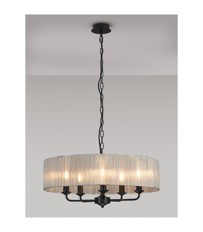 Banyan 5 Light Multi Arm Pendant With 60cm x 15cm Organza Shade Matt Black/Grey-2
