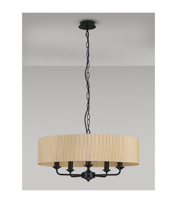 Banyan 5 Light Multi Arm Pendant With 60cm x 15cm Organza Shade Matt Black/Soft Bronze-14
