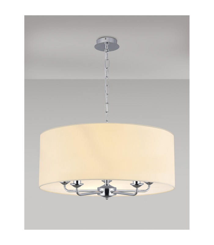 Banyan 5 Light Multi Arm Pendant E14 Polished Chrome With 60cm x 22cm Faux Silk Shade Ivory Pearl/White Laminate-2