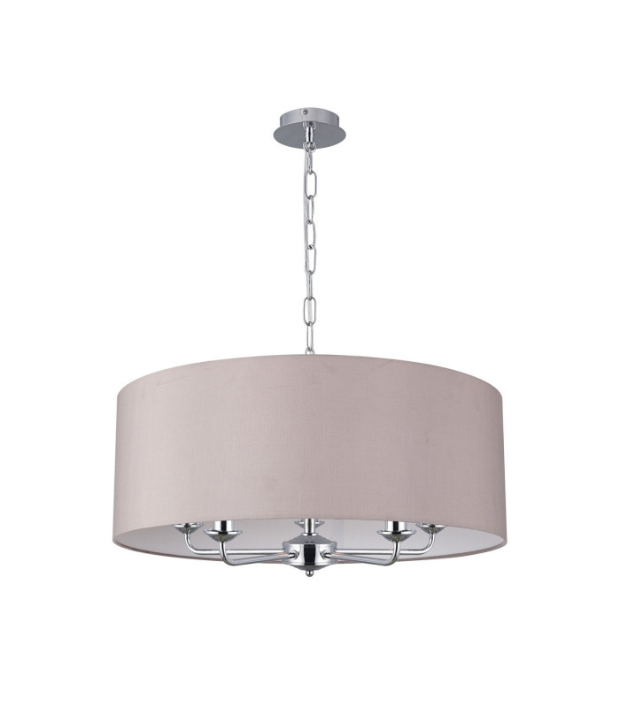 Banyan 5 Light Multi Arm Pendant E14 Polished Chrome With 60cm x 22cm Faux Silk Shade Grey/White Laminate-4