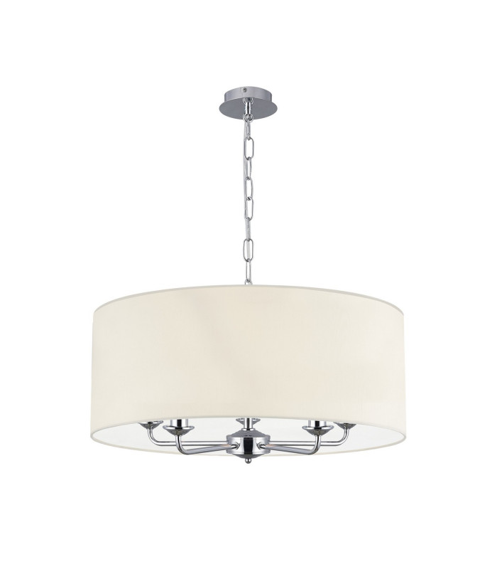 Banyan 5 Light Multi Arm Pendant E14 Polished Chrome With 60cm x 22cm Faux Silk Shade Ivory Pearl/White Laminate-4