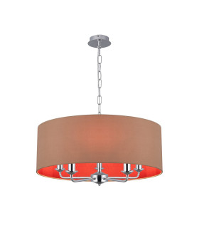 Banyan 5 Light Multi Arm Pendant E14 Polished Chrome With 60cm x 22cm Dual Faux Silk Shade Antique Gold/Ruby-1
