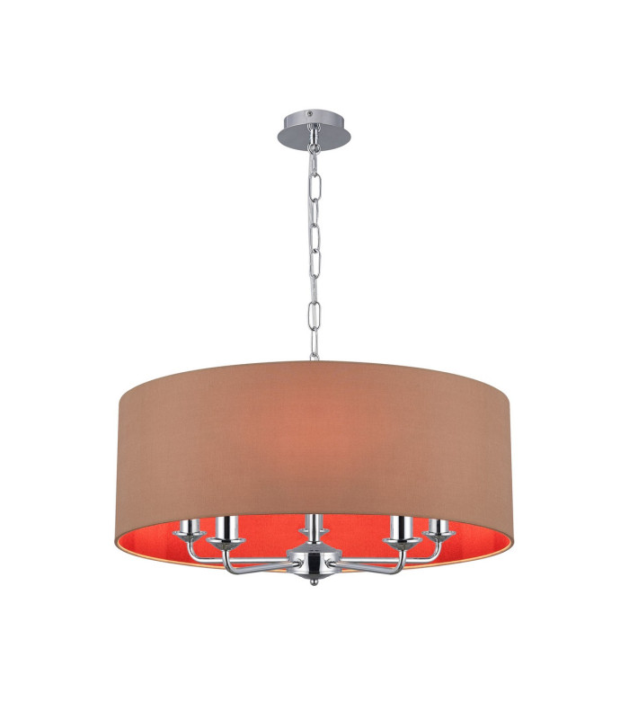 Banyan 5 Light Multi Arm Pendant E14 Polished Chrome With 60cm x 22cm Dual Faux Silk Shade Antique Gold/Ruby-1