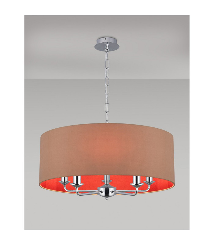Banyan 5 Light Multi Arm Pendant E14 Polished Chrome With 60cm x 22cm Dual Faux Silk Shade Antique Gold/Ruby-2