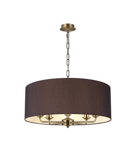 Banyan 5 Light Multi Arm Pendant E14 Antique Brass With 60cm x 22cm Faux Silk Shade Black/White Laminate-1