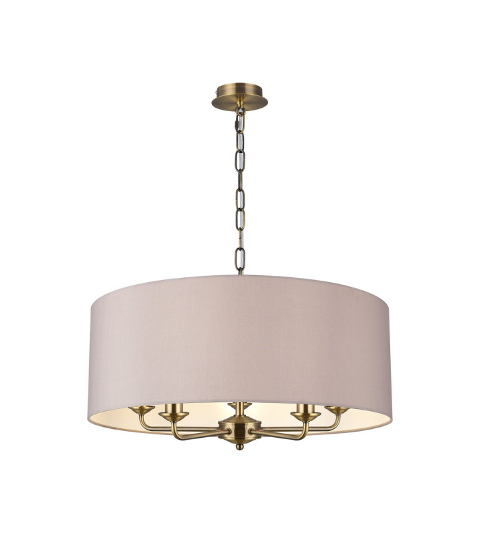 Banyan 5 Light Multi Arm Pendant E14 Antique Brass With 60cm x 22cm Faux Silk Shade Grey/White Laminate-1