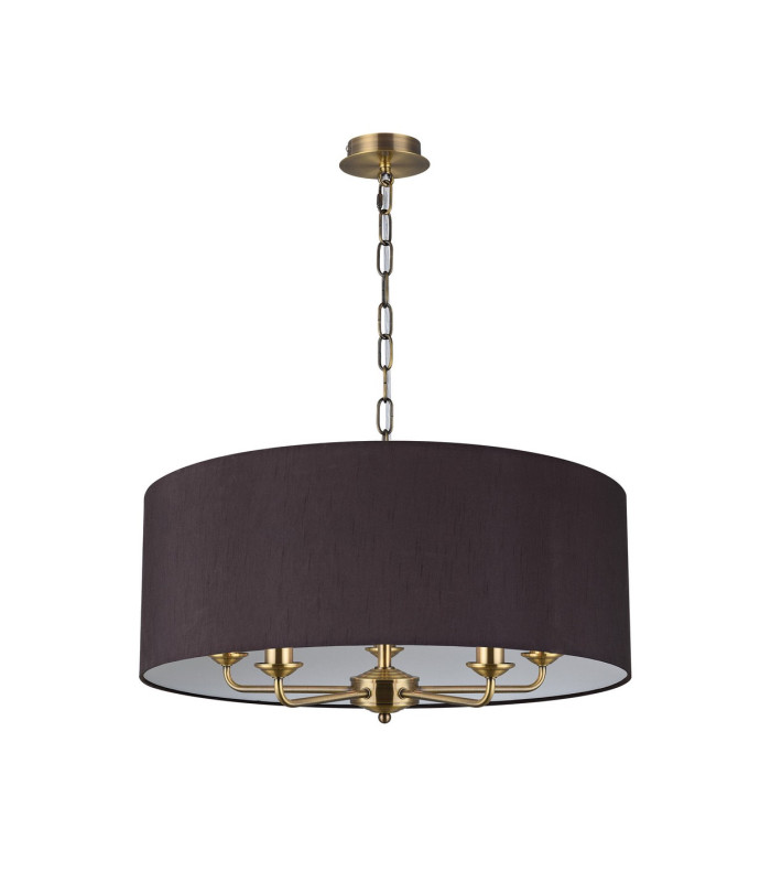 Banyan 5 Light Multi Arm Pendant E14 Antique Brass With 60cm x 22cm Faux Silk Shade Black/White Laminate-4