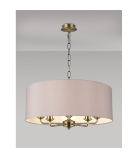 Banyan 5 Light Multi Arm Pendant E14 Antique Brass With 60cm x 22cm Faux Silk Shade Grey/White Laminate-2