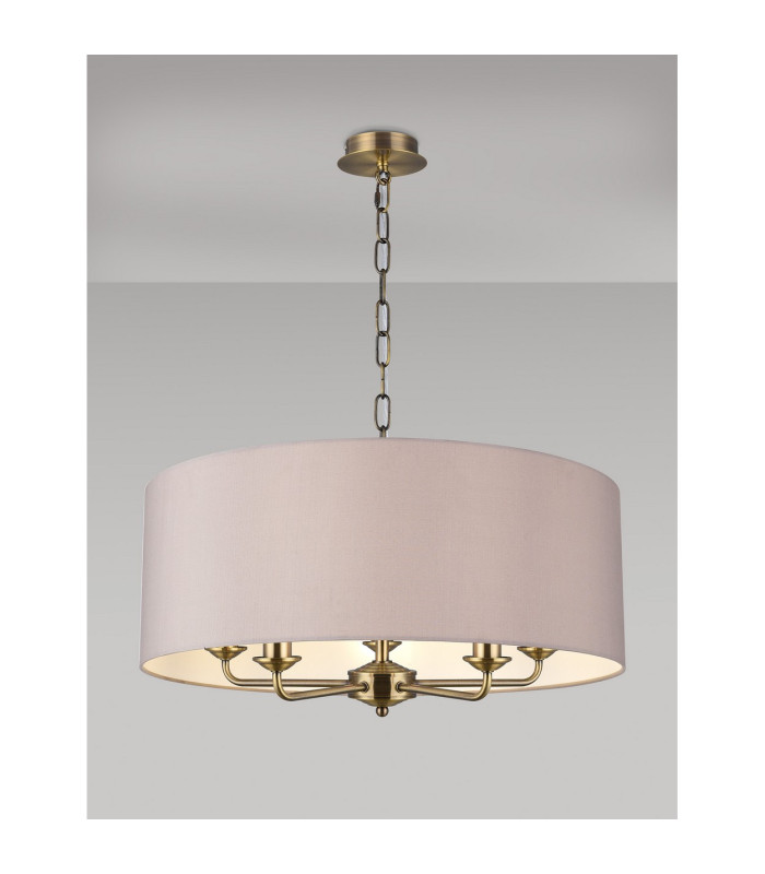 Banyan 5 Light Multi Arm Pendant E14 Antique Brass With 60cm x 22cm Faux Silk Shade Grey/White Laminate-2