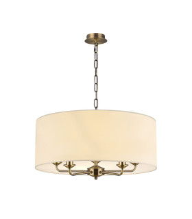 Banyan 5 Light Multi Arm Pendant E14 Antique Brass With 60cm x 22cm Faux Silk Shade Ivory Pearl/White Laminate-1