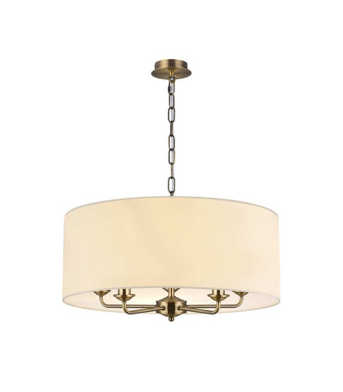 Banyan 5 Light Multi Arm Pendant E14 Antique Brass With 60cm x 22cm Faux Silk Shade Ivory Pearl/White Laminate-1