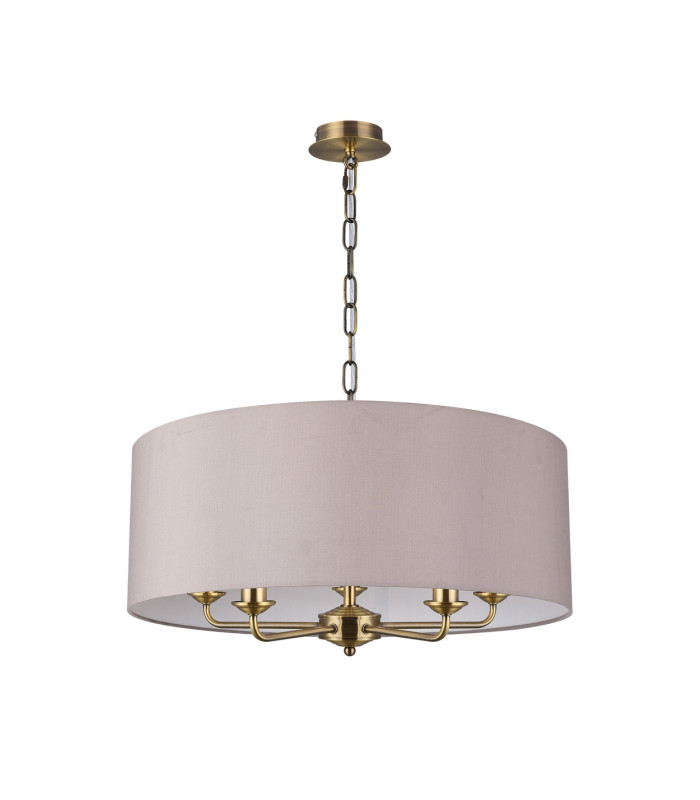 Banyan 5 Light Multi Arm Pendant E14 Antique Brass With 60cm x 22cm Faux Silk Shade Grey/White Laminate-4