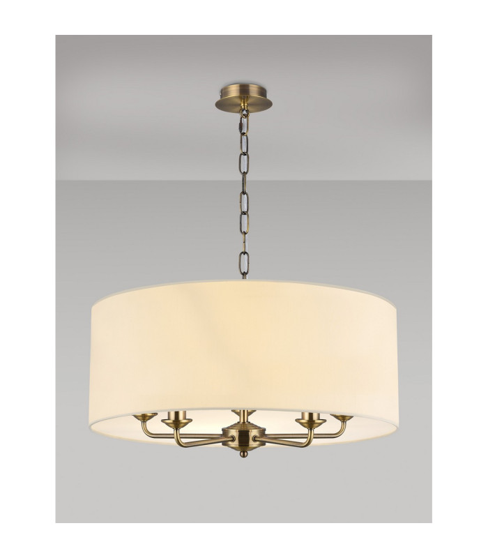Banyan 5 Light Multi Arm Pendant E14 Antique Brass With 60cm x 22cm Faux Silk Shade Ivory Pearl/White Laminate-2