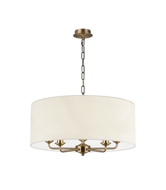 Banyan 5 Light Multi Arm Pendant E14 Antique Brass With 60cm x 22cm Faux Silk Shade Ivory Pearl/White Laminate-4