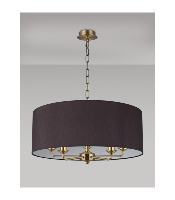 Banyan 5 Light Multi Arm Pendant E14 Antique Brass With 60cm x 22cm Faux Silk Shade Black/White Laminate-11