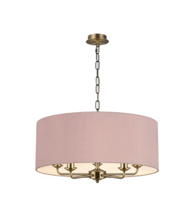 Banyan 5 Light Multi Arm Pendant E14 Antique Brass With 60cm x 22cm Dual Faux Silk Shade Taupe/Halo Gold-1