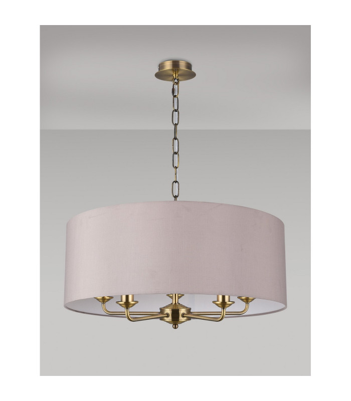 Banyan 5 Light Multi Arm Pendant E14 Antique Brass With 60cm x 22cm Faux Silk Shade Grey/White Laminate-11