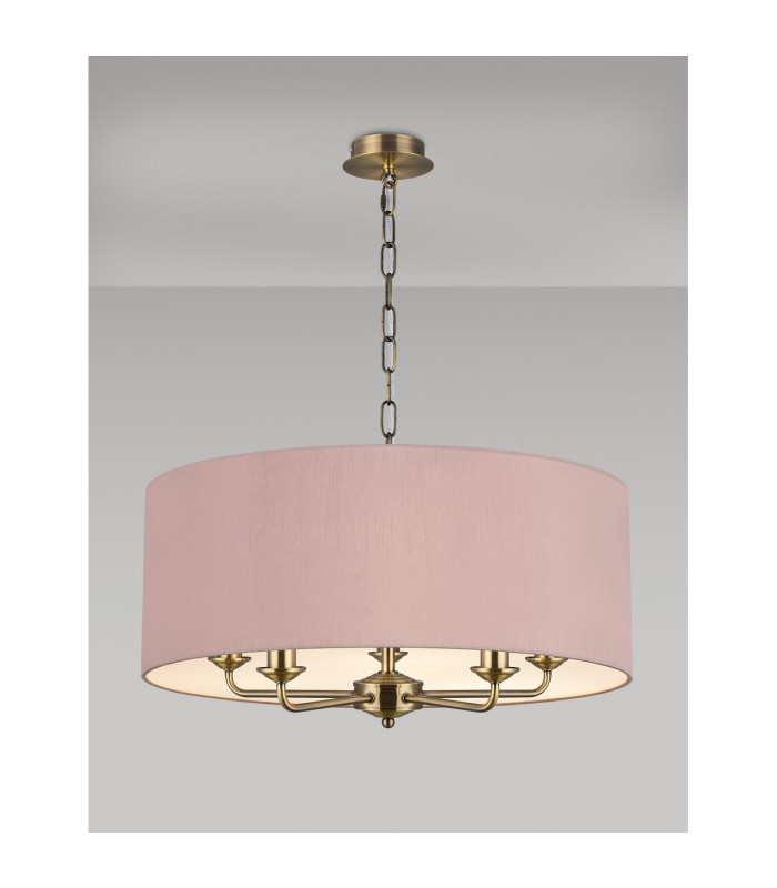 Banyan 5 Light Multi Arm Pendant E14 Antique Brass With 60cm x 22cm Dual Faux Silk Shade Taupe/Halo Gold-2