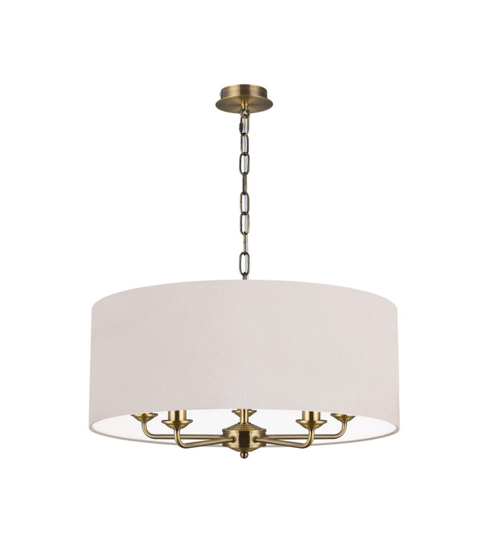 Banyan 5 Light Multi Arm Pendant E14 Antique Brass With 60cm x 22cm Dual Faux Silk Shade Nude Beige/Moonlight-4