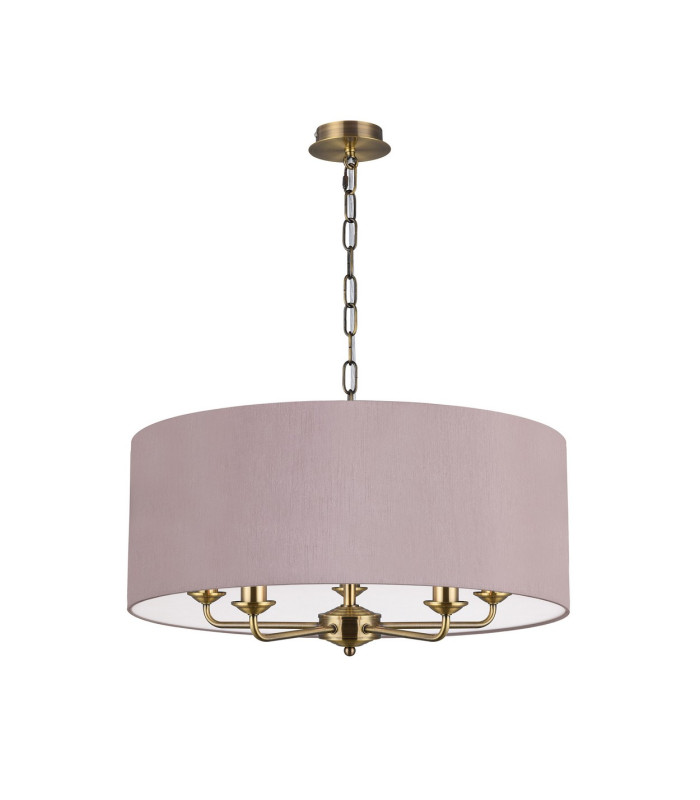 Banyan 5 Light Multi Arm Pendant E14 Antique Brass With 60cm x 22cm Dual Faux Silk Shade Taupe/Halo Gold-4