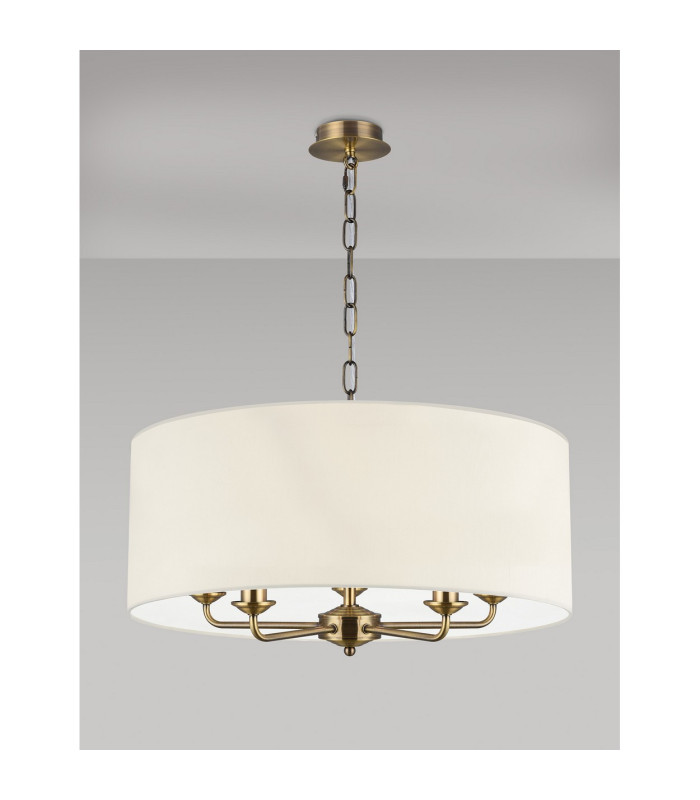 Banyan 5 Light Multi Arm Pendant E14 Antique Brass With 60cm x 22cm Faux Silk Shade Ivory Pearl/White Laminate-11