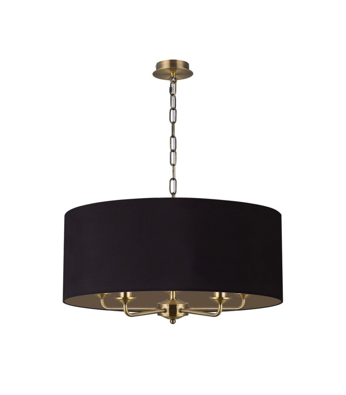 Banyan 5 Light Multi Arm Pendant E14 Antique Brass With 60cm x 22cm Dual Faux Silk Shade Black/Green Olive-4
