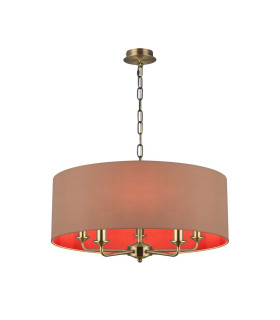 Banyan 5 Light Multi Arm Pendant E14 Antique Brass With 60cm x 22cm Dual Faux Silk Shade Antique Gold/Ruby-1