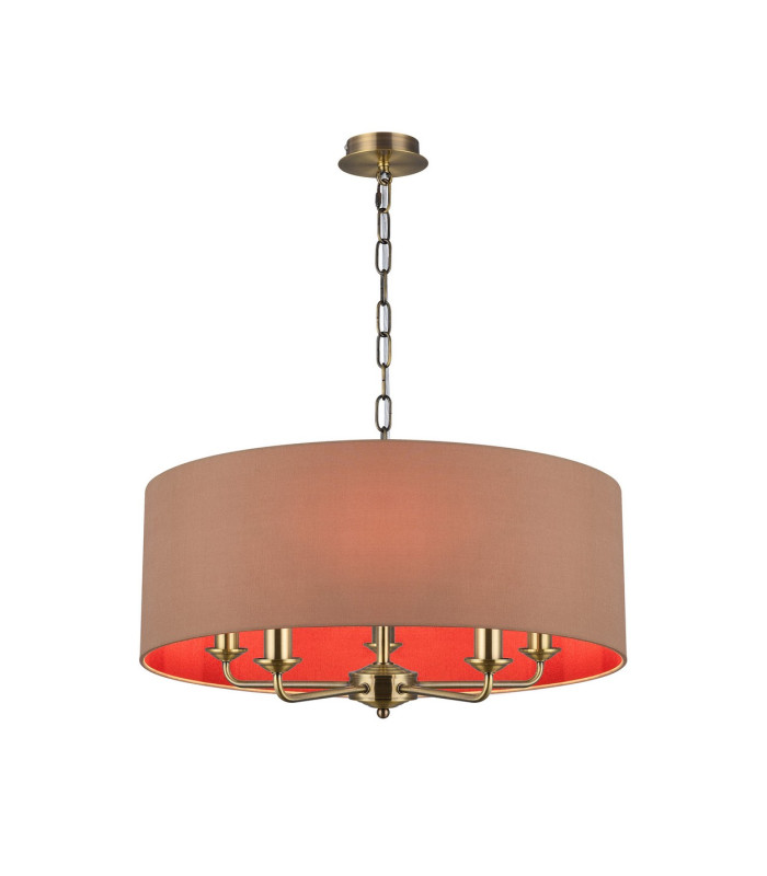 Banyan 5 Light Multi Arm Pendant E14 Antique Brass With 60cm x 22cm Dual Faux Silk Shade Antique Gold/Ruby-1