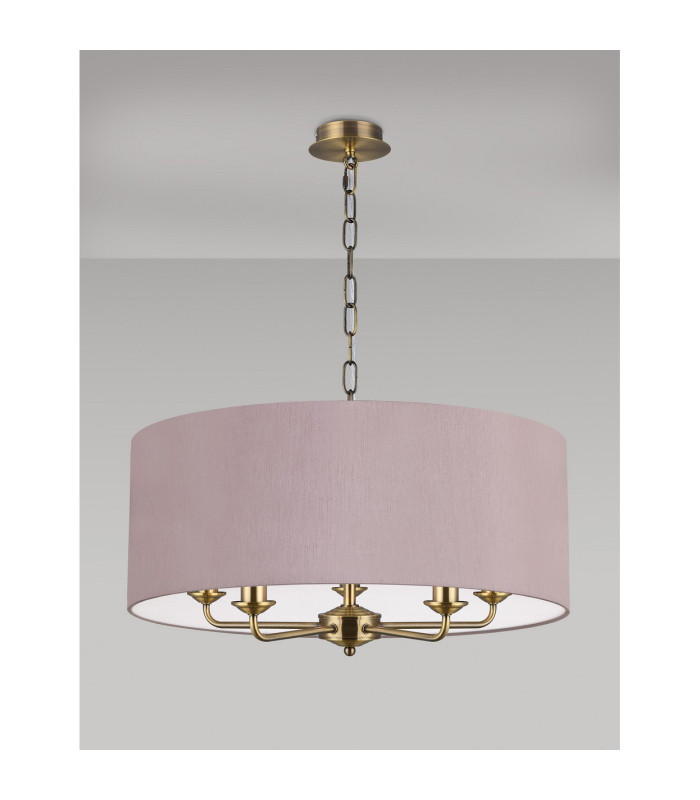Banyan 5 Light Multi Arm Pendant E14 Antique Brass With 60cm x 22cm Dual Faux Silk Shade Taupe/Halo Gold-11