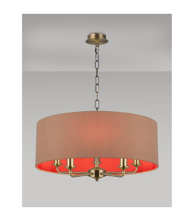 Banyan 5 Light Multi Arm Pendant E14 Antique Brass With 60cm x 22cm Dual Faux Silk Shade Antique Gold/Ruby-2