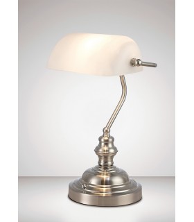 Bankers Table Lamp 1 Light E27 Satin Nickel, White Glass - 2
