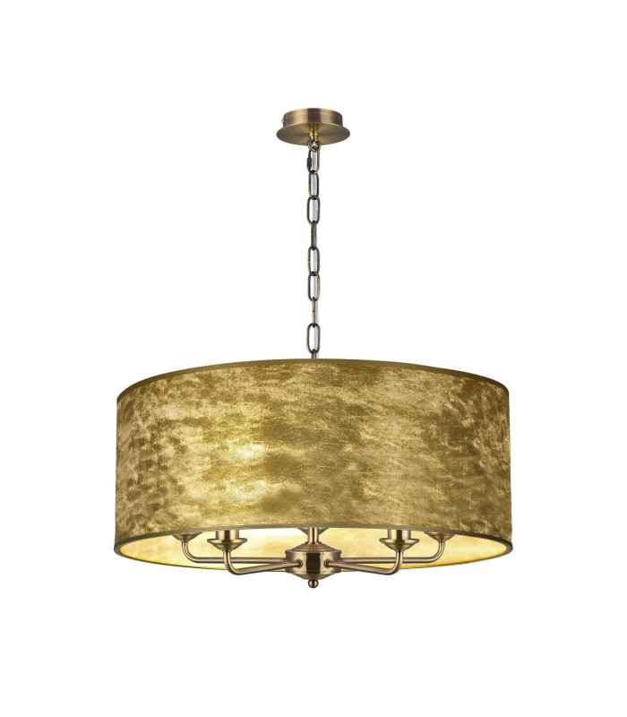 Banyan 5 Light Multi Arm Pendant E14 Antique Brass With 60cm x 22cm Gold Leaf With White Lining Shade-1