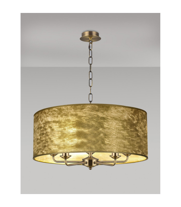 Banyan 5 Light Multi Arm Pendant E14 Antique Brass With 60cm x 22cm Gold Leaf With White Lining Shade-2