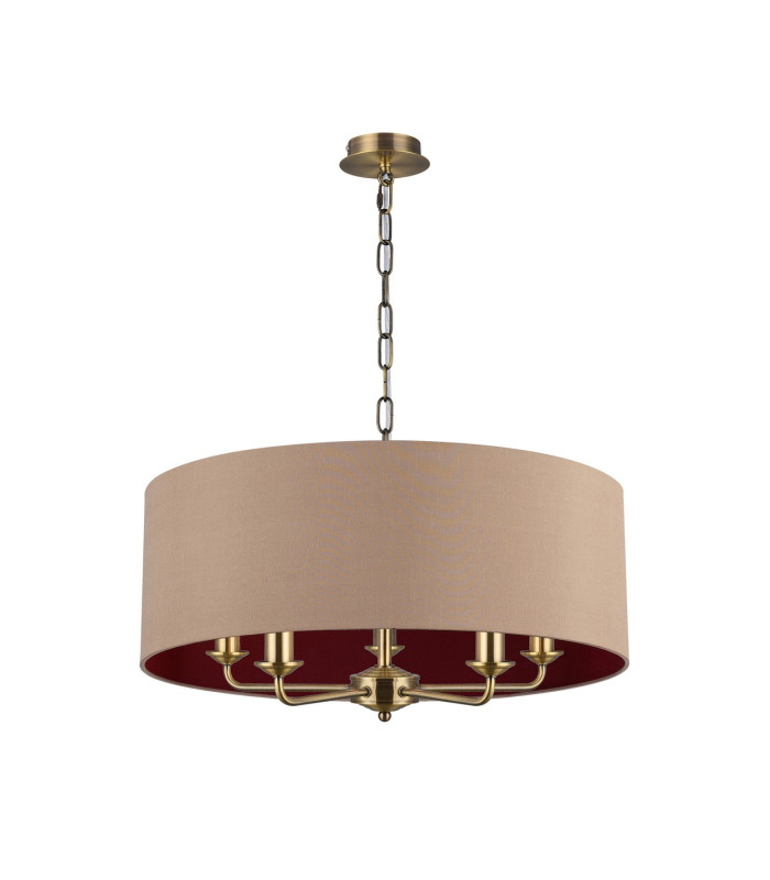 Banyan 5 Light Multi Arm Pendant E14 Antique Brass With 60cm x 22cm Dual Faux Silk Shade Antique Gold/Ruby-4