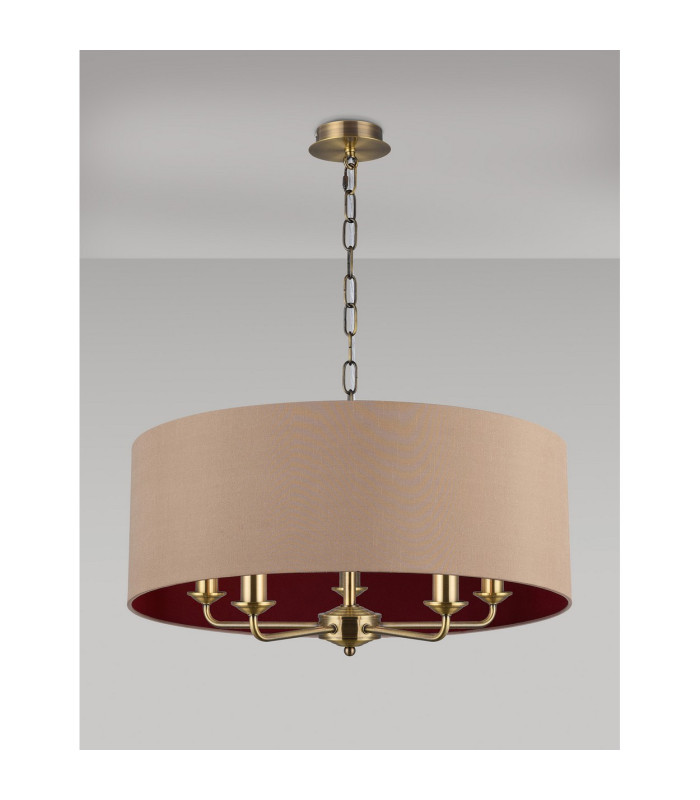 Banyan 5 Light Multi Arm Pendant E14 Antique Brass With 60cm x 22cm Dual Faux Silk Shade Antique Gold/Ruby-11