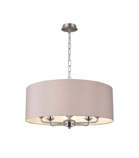 Banyan 5 Light Multi Arm Pendant E14 Satin Nickel With 60cm x 22cm Faux Silk Shade Grey/White Laminate-1