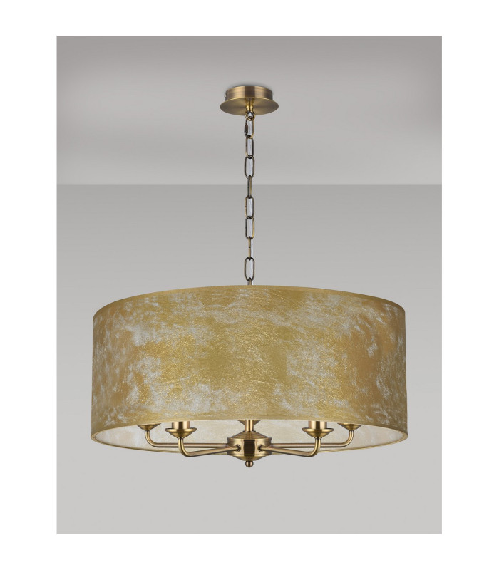 Banyan 5 Light Multi Arm Pendant E14 Antique Brass With 60cm x 22cm Gold Leaf With White Lining Shade-11