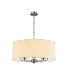 Banyan 5 Light Multi Arm Pendant E14 Satin Nickel With 60cm x 22cm Faux Silk Shade Ivory Pearl/White Laminate-1