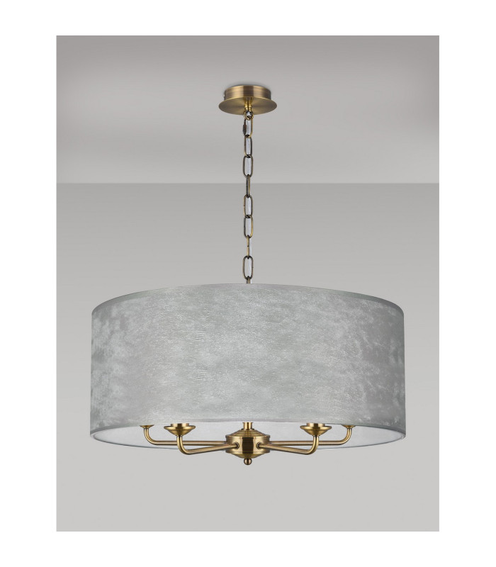 Banyan 5 Light Multi Arm Pendant E14 Antique Brass With 60cm x 22cm Silver Leaf With White Lining Shade-11